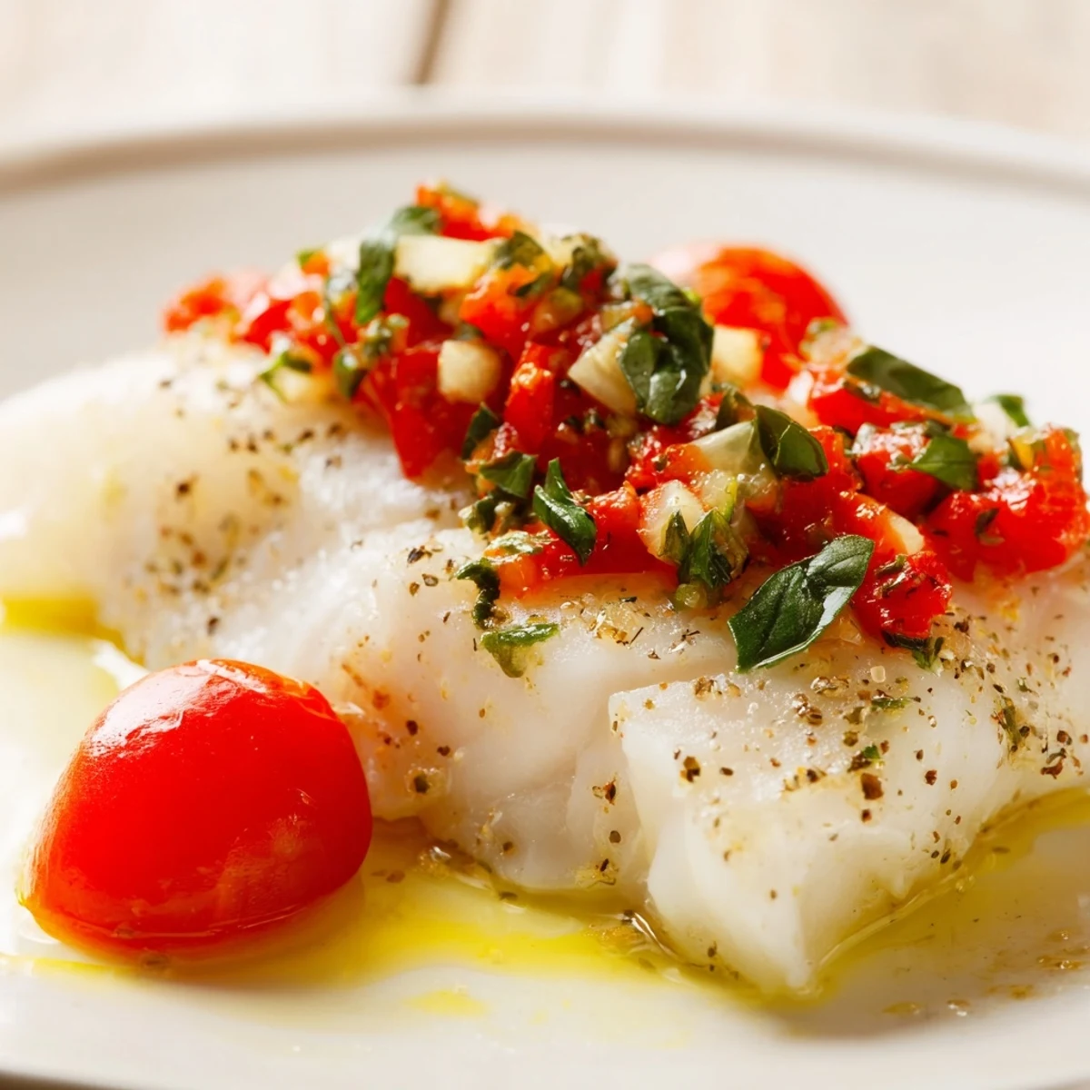 Golden Baked Halibut with Fresh Tomato and Basil Relish glistening on a white plate, ready to serve.