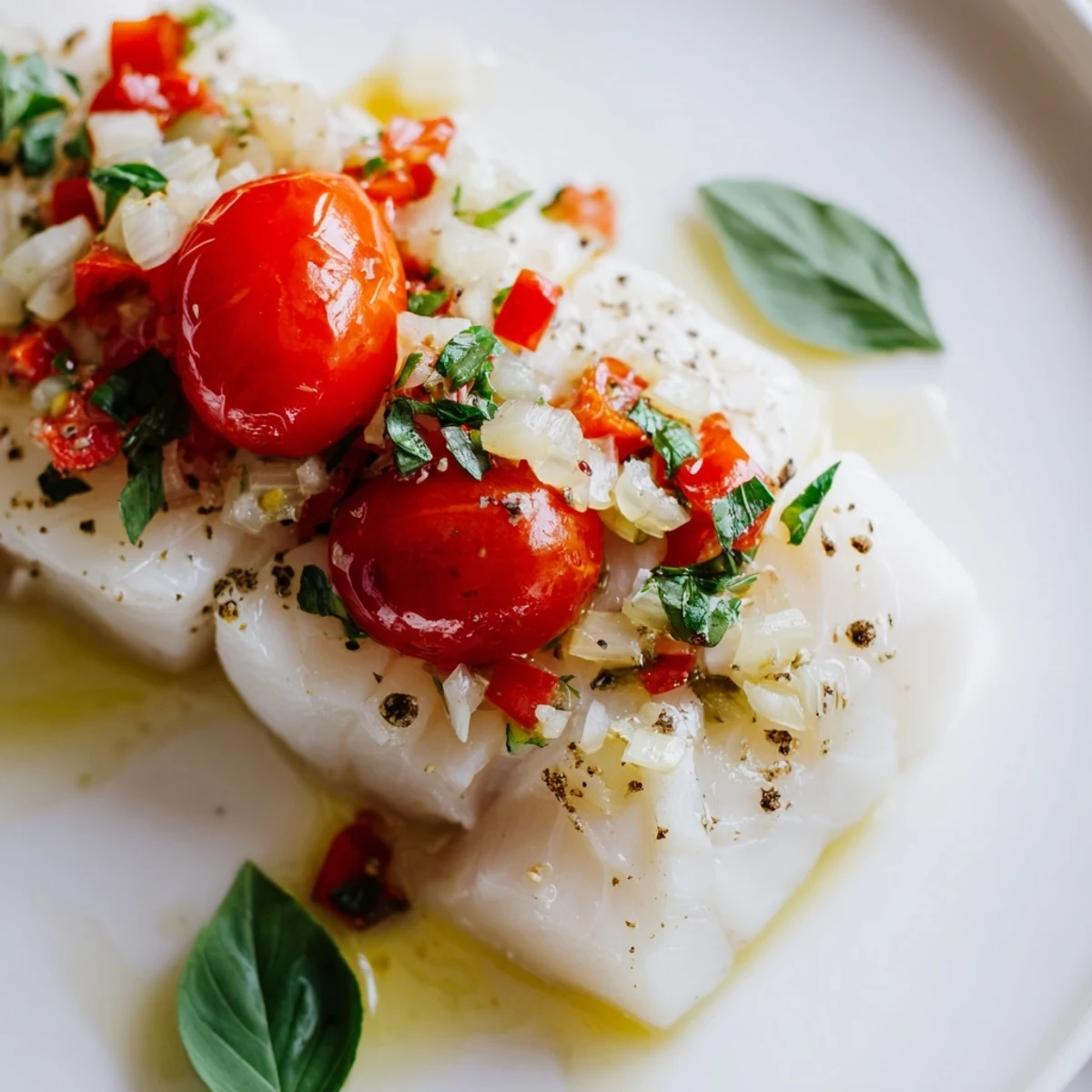 Succulent baked halibut fillet topped with a vibrant tomato and basil relish on a rustic cutting board.