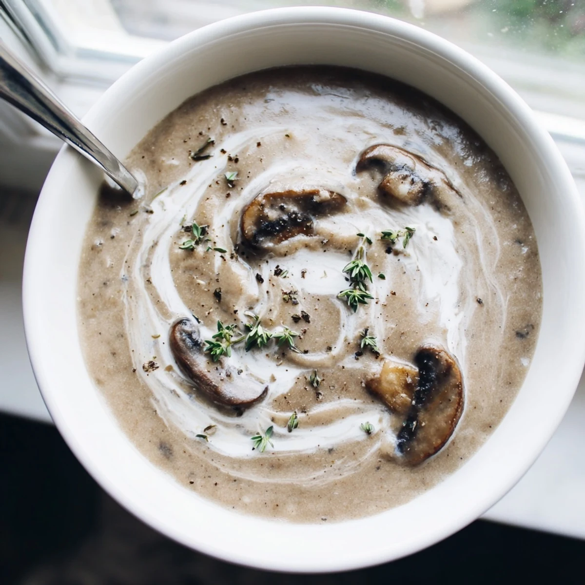 Creamy Mushroom Soup with Fresh Thyme and Cream served hot with a drizzle and thyme garnish for cozy evenings. 
