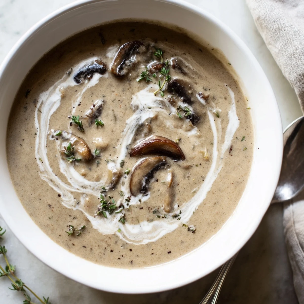 A bowl of Creamy Mushroom Soup with Fresh Thyme and Cream, garnished with thyme and fresh cream.