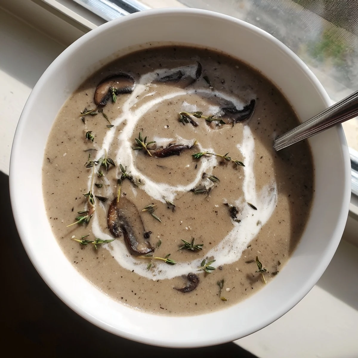 Velvety Creamy Mushroom Soup with Fresh Thyme and Cream in a rustic bowl beside crusty bread. 