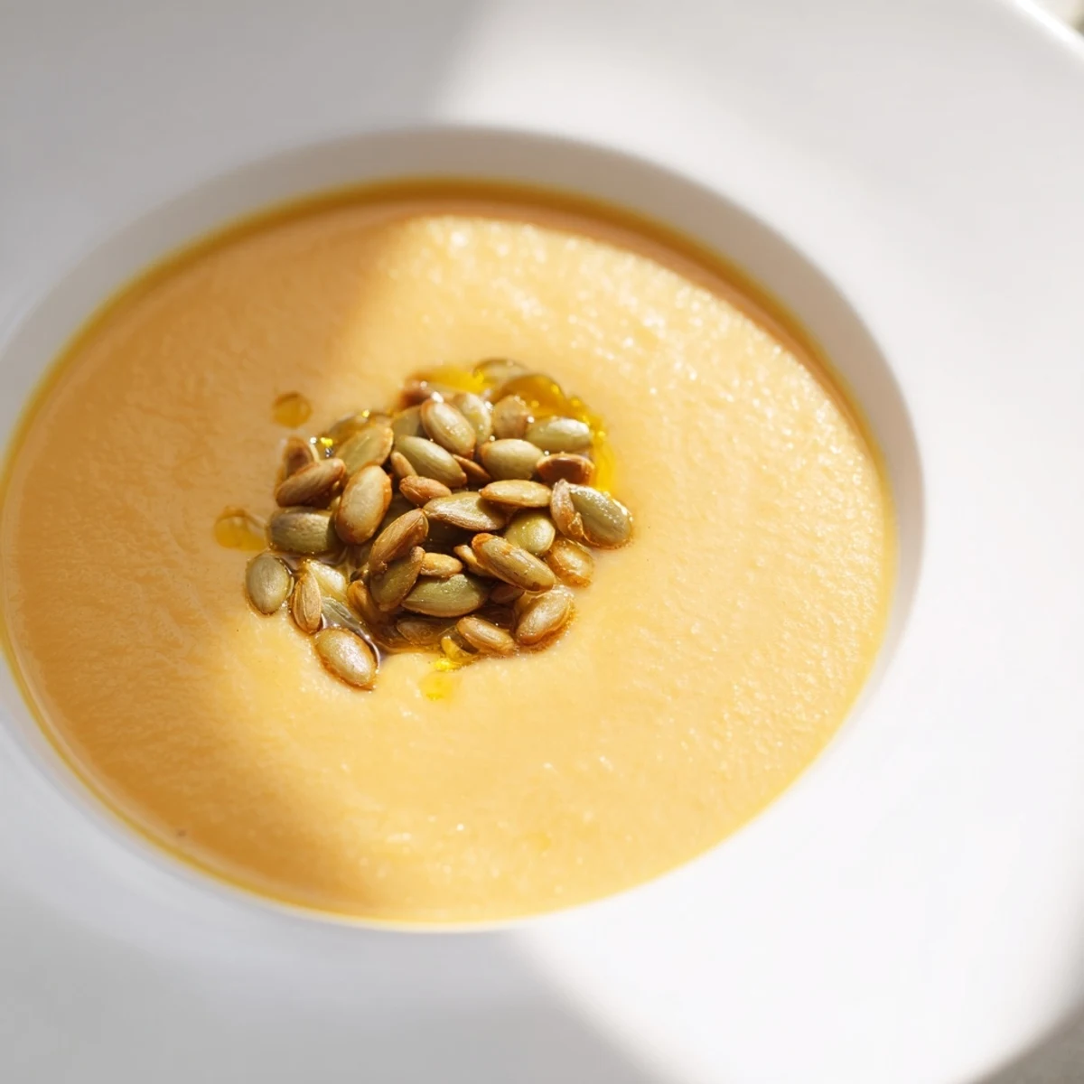 A rustic wooden table showcases Creamy Pumpkin Soup with Toasted Pumpkin Seeds alongside fresh crusty bread for dipping.
