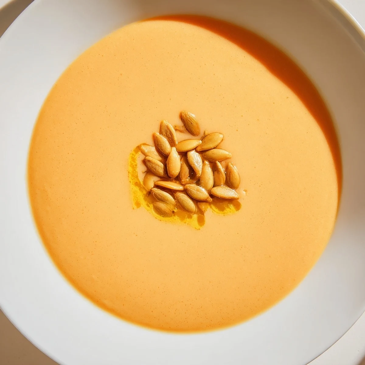 Overhead view of Creamy Pumpkin Soup with Toasted Pumpkin Seeds, highlighting its velvety orange texture and aromatic spices.