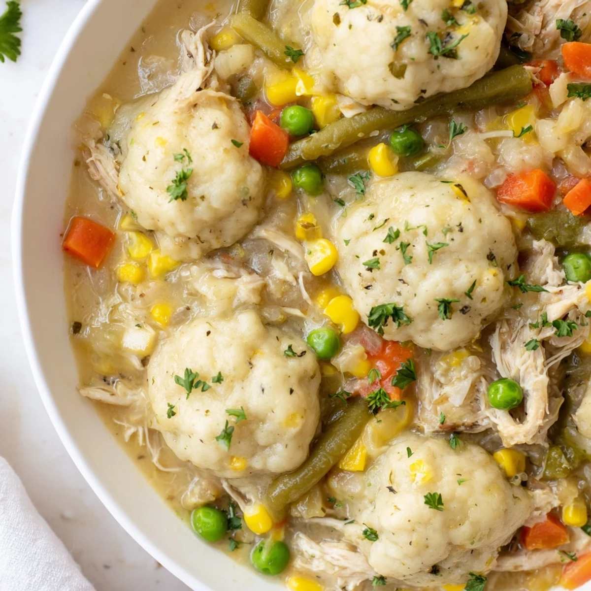 Slow Cooker Chicken and Dumplings with Vegetables bubbling in a ceramic slow cooker, steam rising from fluffy dumplings.