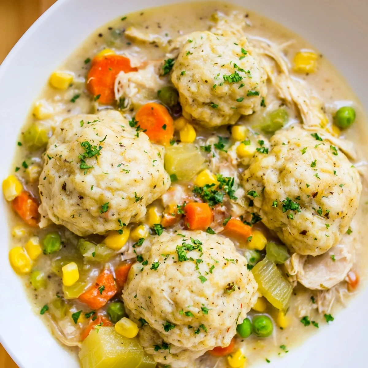 Bright peas and carrots in Slow Cooker Chicken and Dumplings with Vegetables, finished with fresh parsley and black pepper.