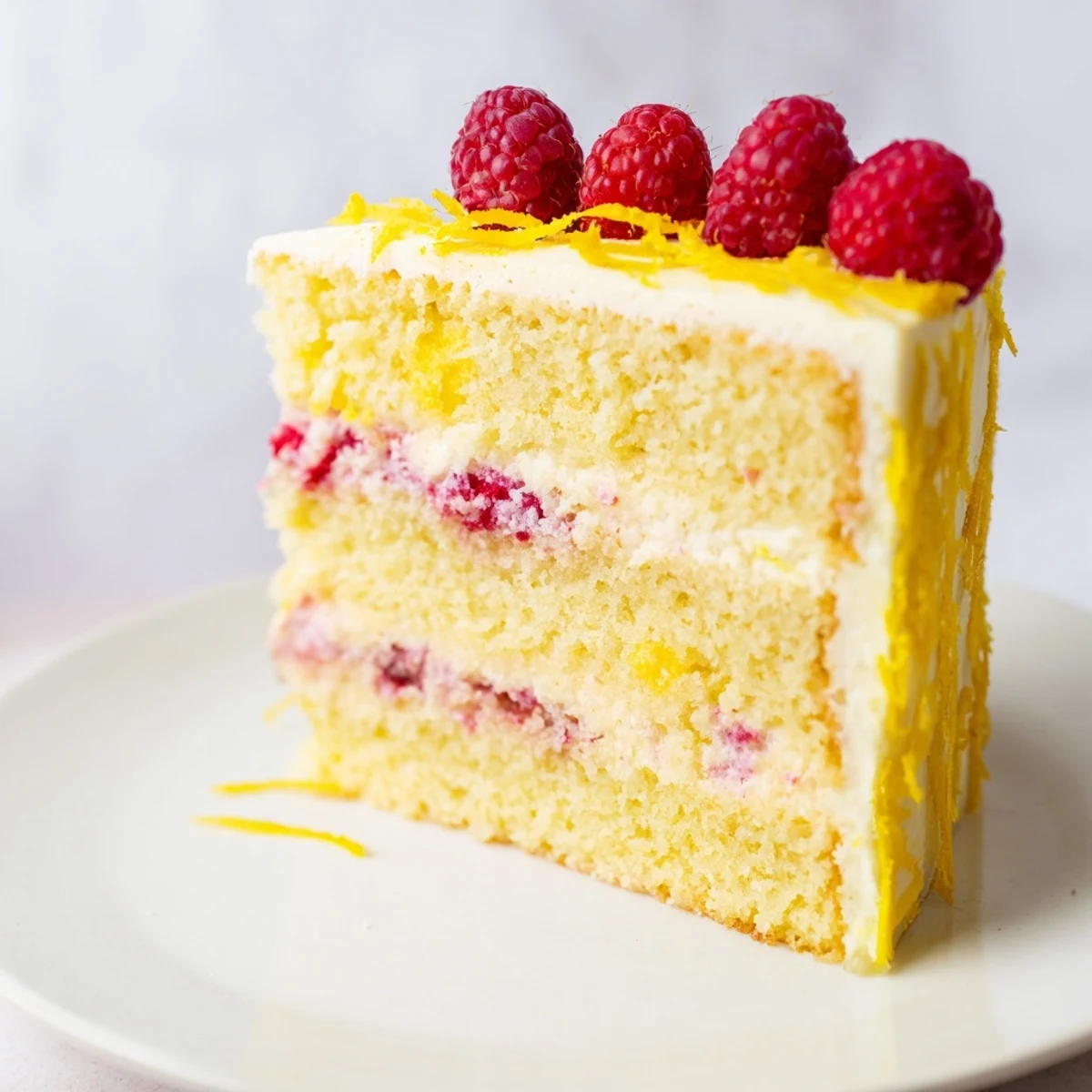 Freshly baked Lemon Raspberry Layer Cake with Lemon Buttercream, with bright yellow layers and pink raspberry filling, ready to slice.