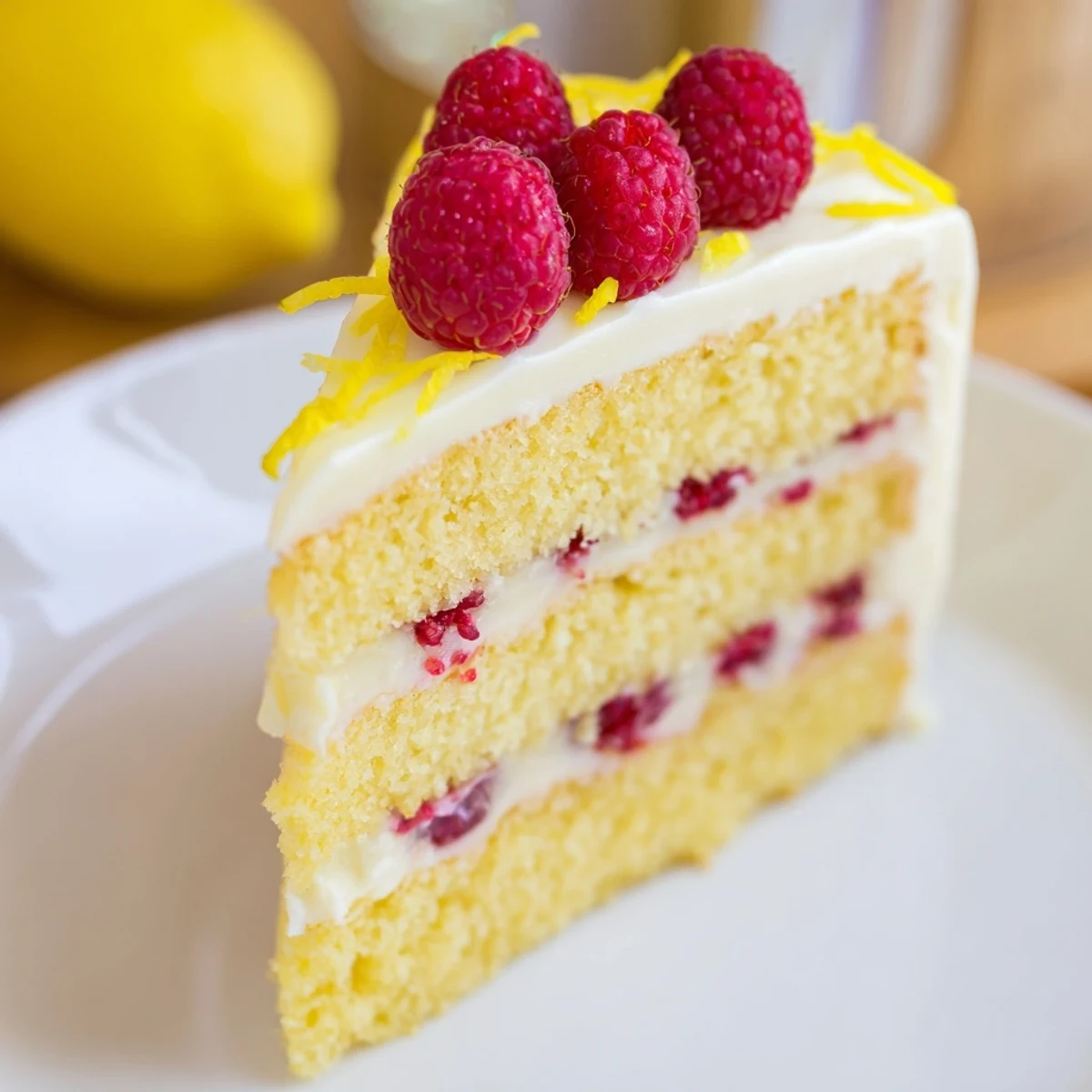 Moist Lemon Raspberry Layer Cake with Lemon Buttercream, layered with fresh raspberries and a dollop of lemon frosting on top.