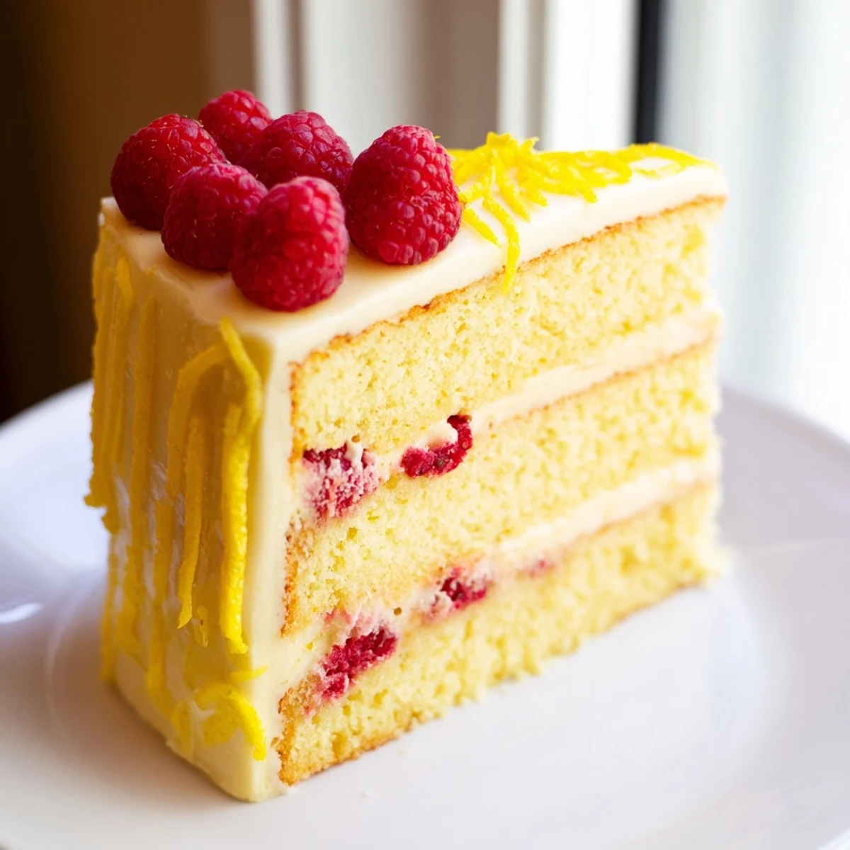 Lemon Raspberry Layer Cake with Lemon Buttercream on a white plate, garnished with lemon zest and raspberries for a party.