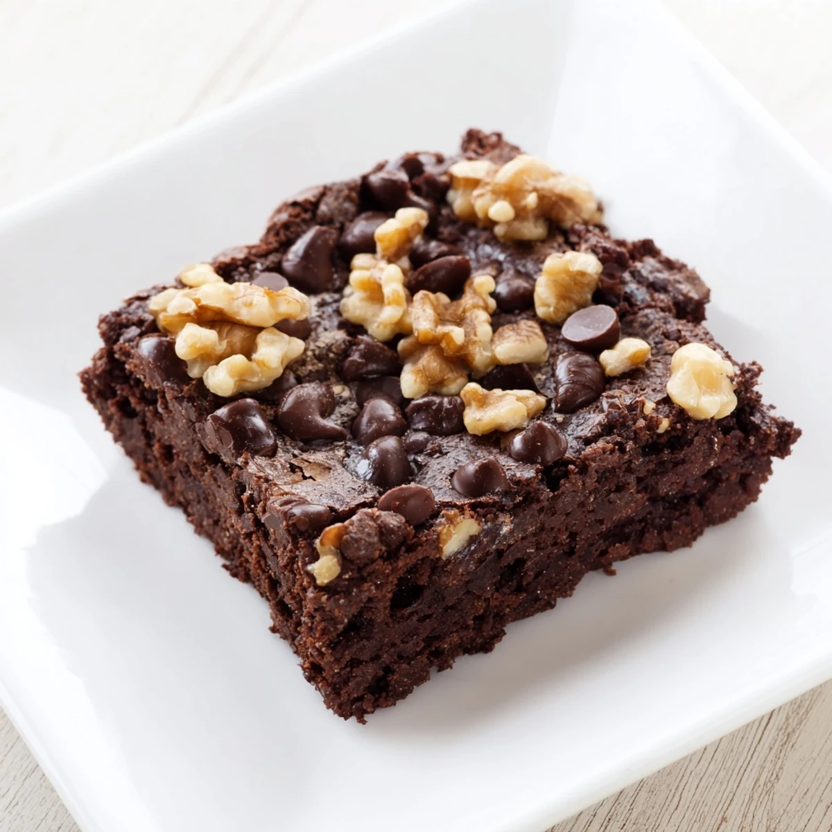 Close-up of rich Chocolate Fudge Brownies with Chopped Walnuts showing melted chocolate chips and a gooey texture.