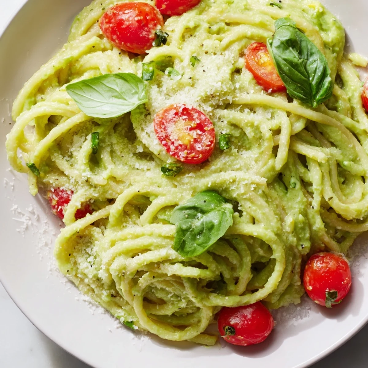 Freshly blended creamy avocado lime sauce coats warm spaghetti with halved cherry tomatoes for a quick, healthy dinner.