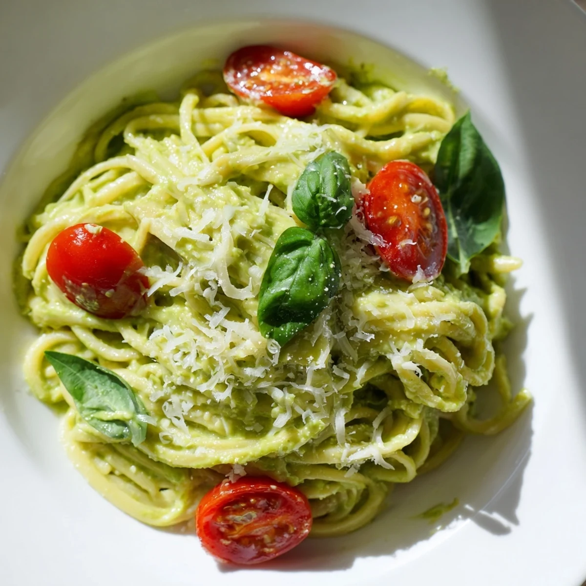 Serve this Creamy Avocado Lime Pasta with Cherry Tomatoes as a vibrant vegetarian main, with extra lime wedges.