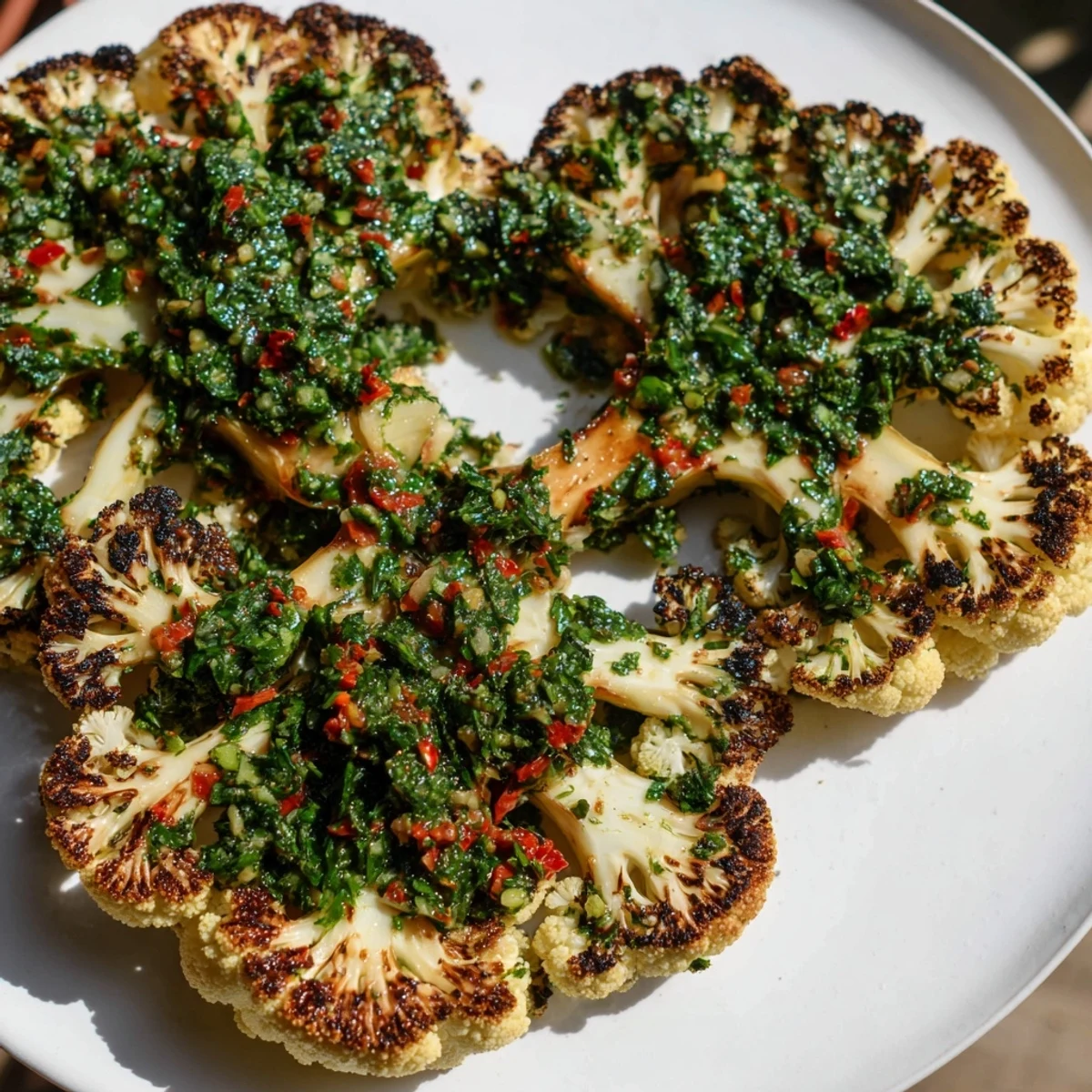 Thick-cut cauliflower steaks roasted to perfection topped with herb-packed chimichurri, served warm as a healthy vegan main or savory side dish.