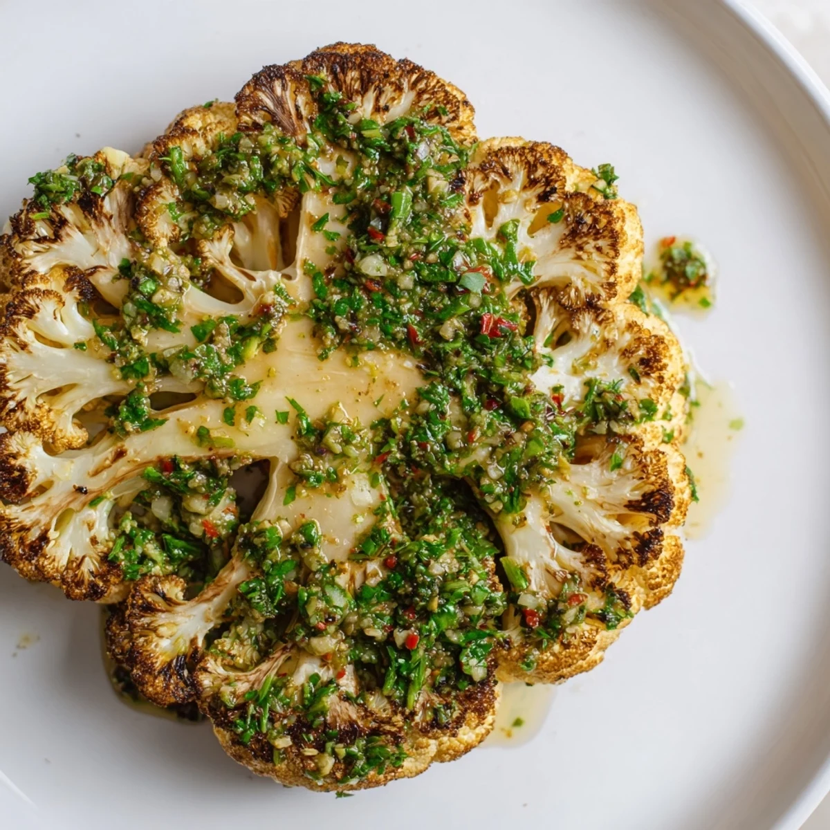 Golden roasted cauliflower steaks with vibrant green chimichurri sauce on a rustic wooden platter, garnished with fresh parsley and red pepper flakes.