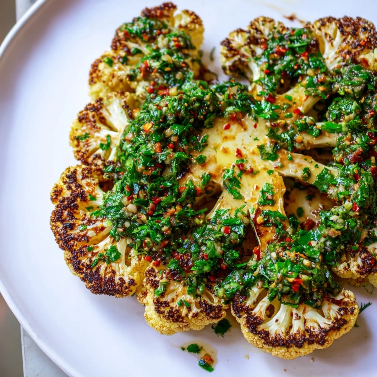 Freshly prepared chimichurri sauce drizzled over golden-brown cauliflower steaks on a white plate, showcasing a delicious gluten-free vegetarian dinner recipe.