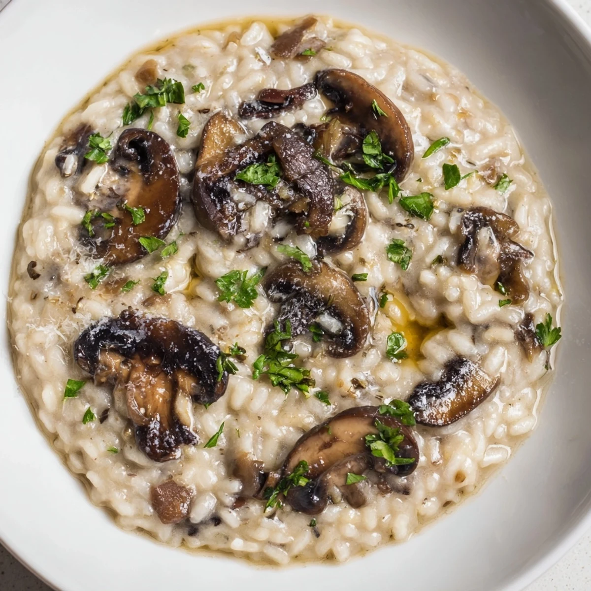 Creamy mushroom risotto with truffle oil and Parmesan served steaming hot in a rustic bowl.