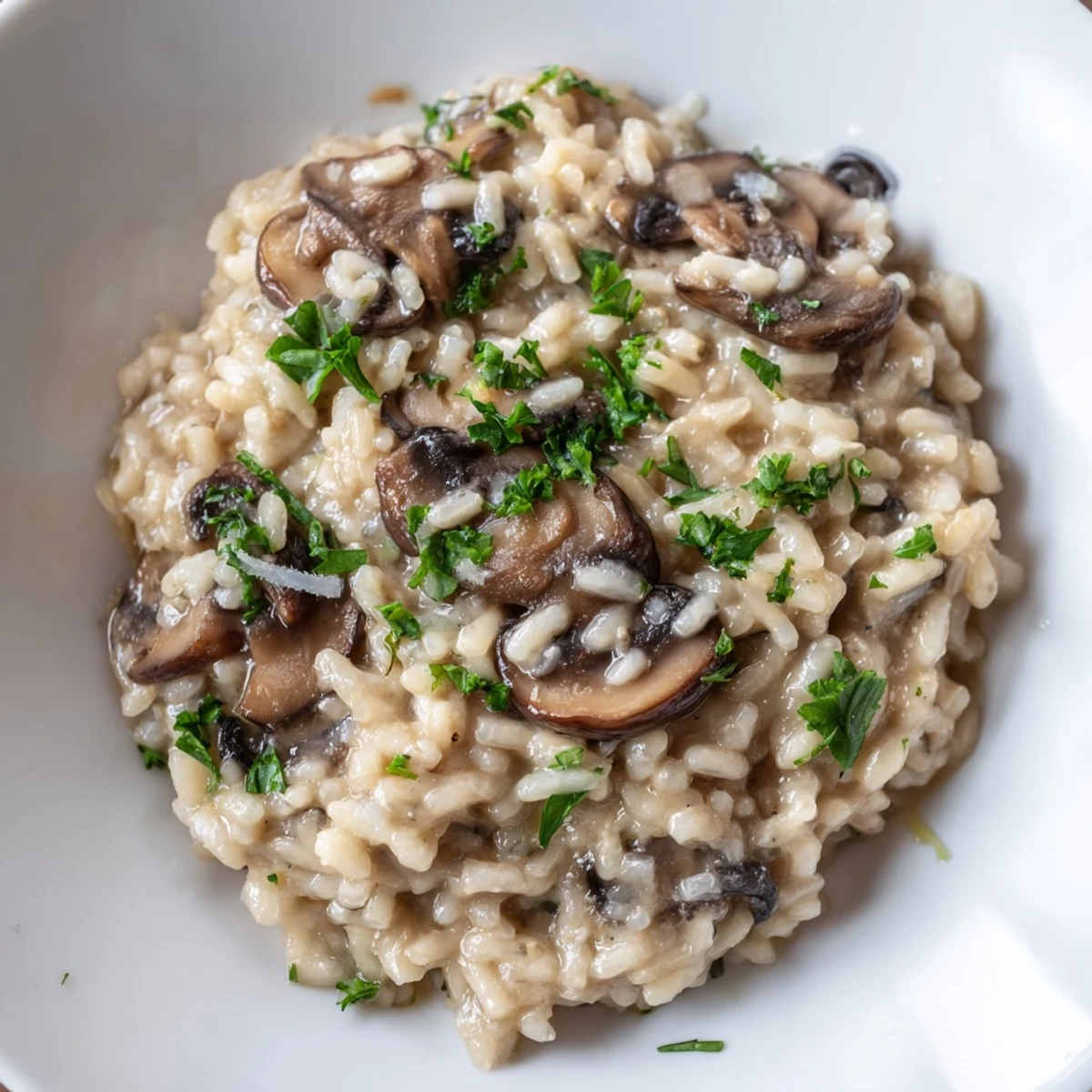 Earthy mushroom risotto finished with truffle oil and Parmesan, garnished with fresh parsley.