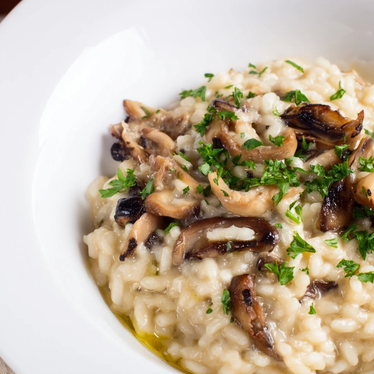 Golden arborio rice mushroom risotto with truffle oil and Parmesan in a skillet beside wine.