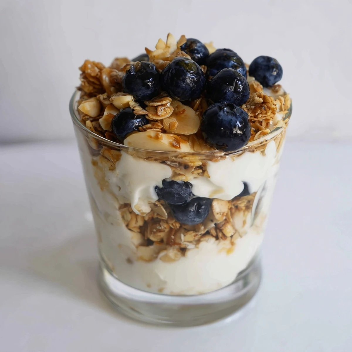 This Lemon Blueberry Yogurt Parfait reveals creamy layers of lemon yogurt, fresh blueberries, and golden honey granola in a glass.
