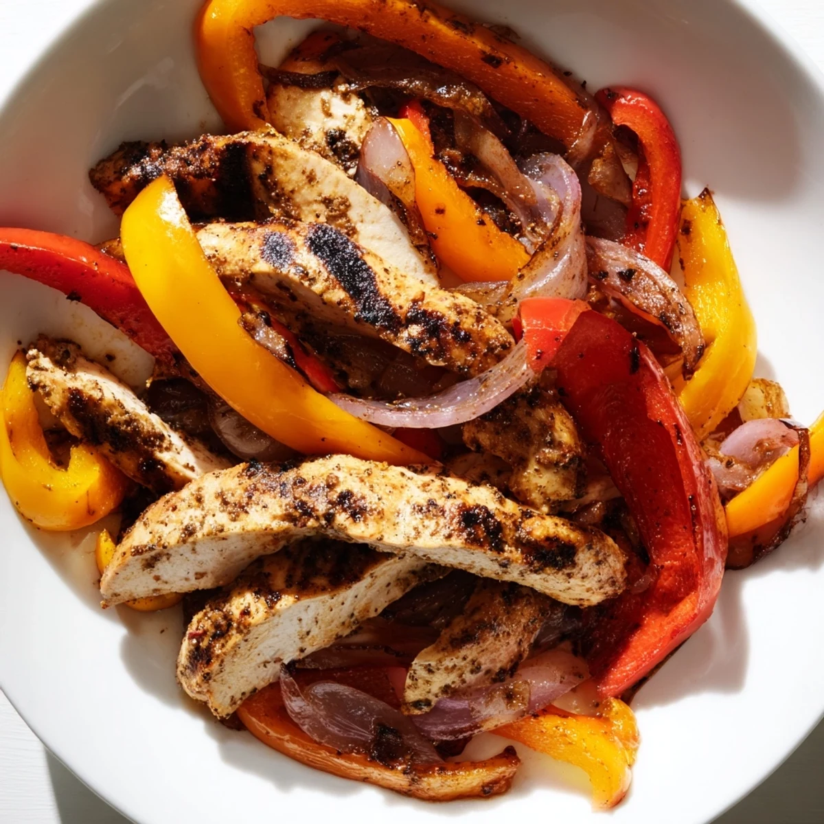 Tender strips of Sheet Pan Chicken Fajitas with Onions and Peppers sit on a baking sheet with warm corn tortillas and sour cream.