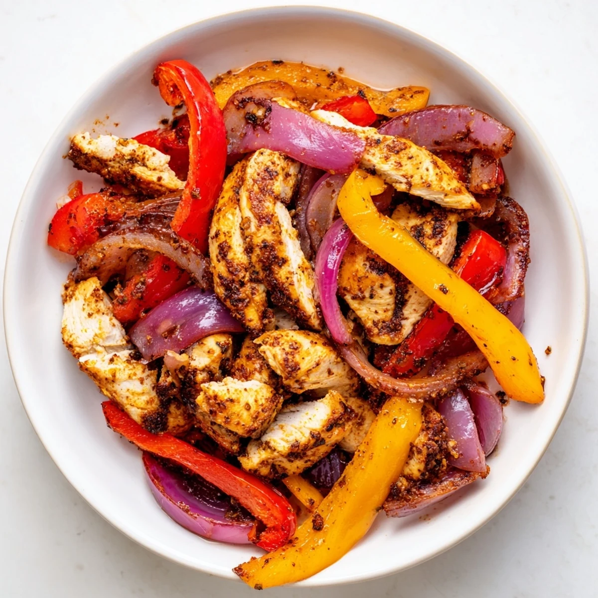 Golden-brown Sheet Pan Chicken Fajitas with Onions and Peppers are roasted alongside lime wedges, offering a sizzling Tex-Mex weeknight dinner.