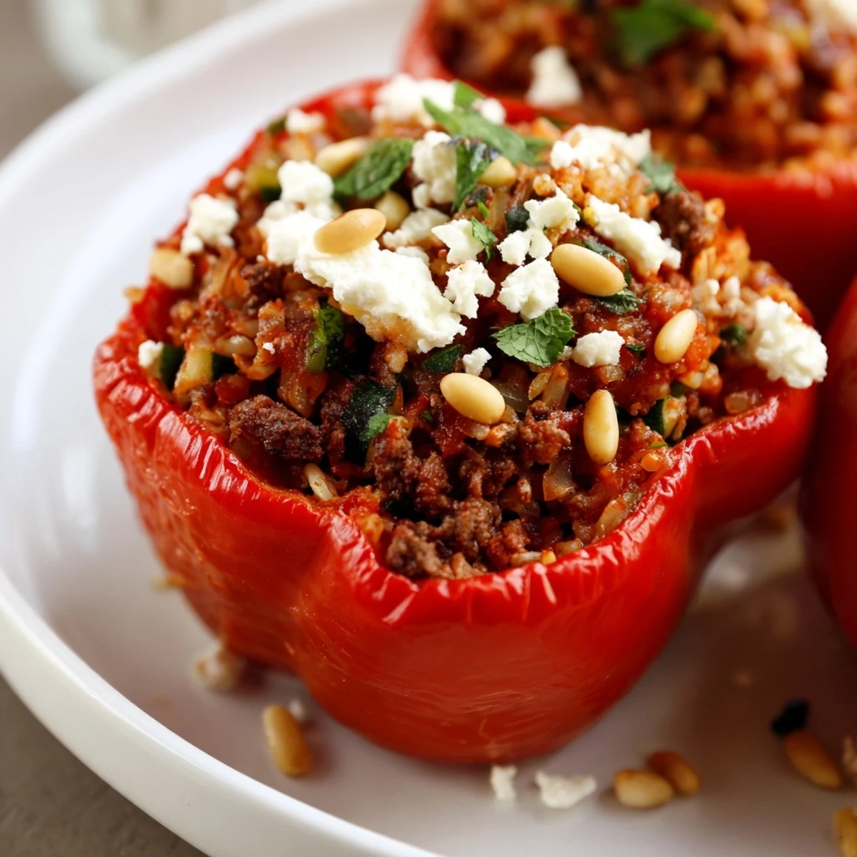 Golden-brown baked Mediterranean Stuffed Bell Peppers with Ground Beef, topped with crumbled feta and fresh herbs, ready to serve.