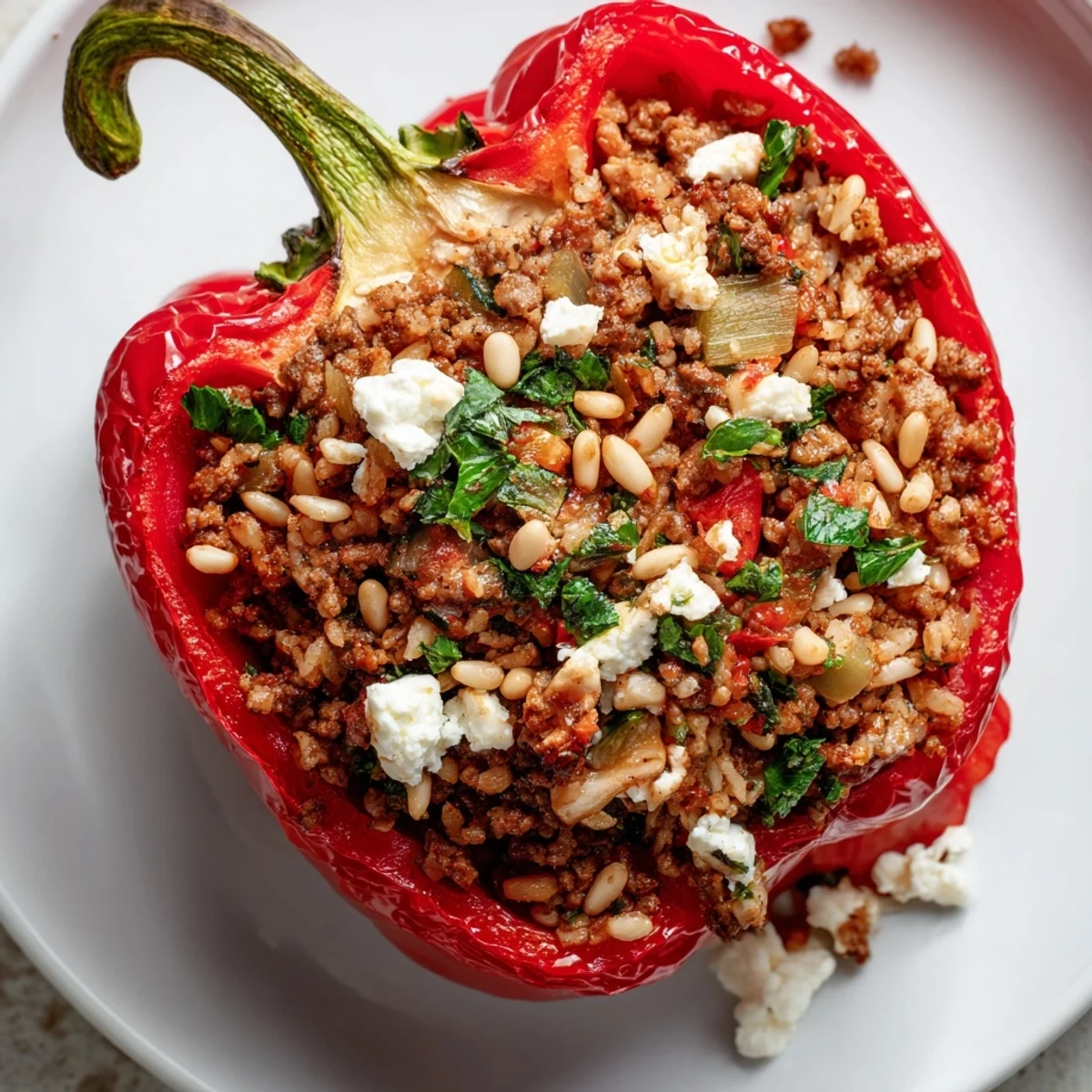 Tender roasted red bell peppers filled with savory ground beef, rice, and spices for a hearty gluten-free main dish.