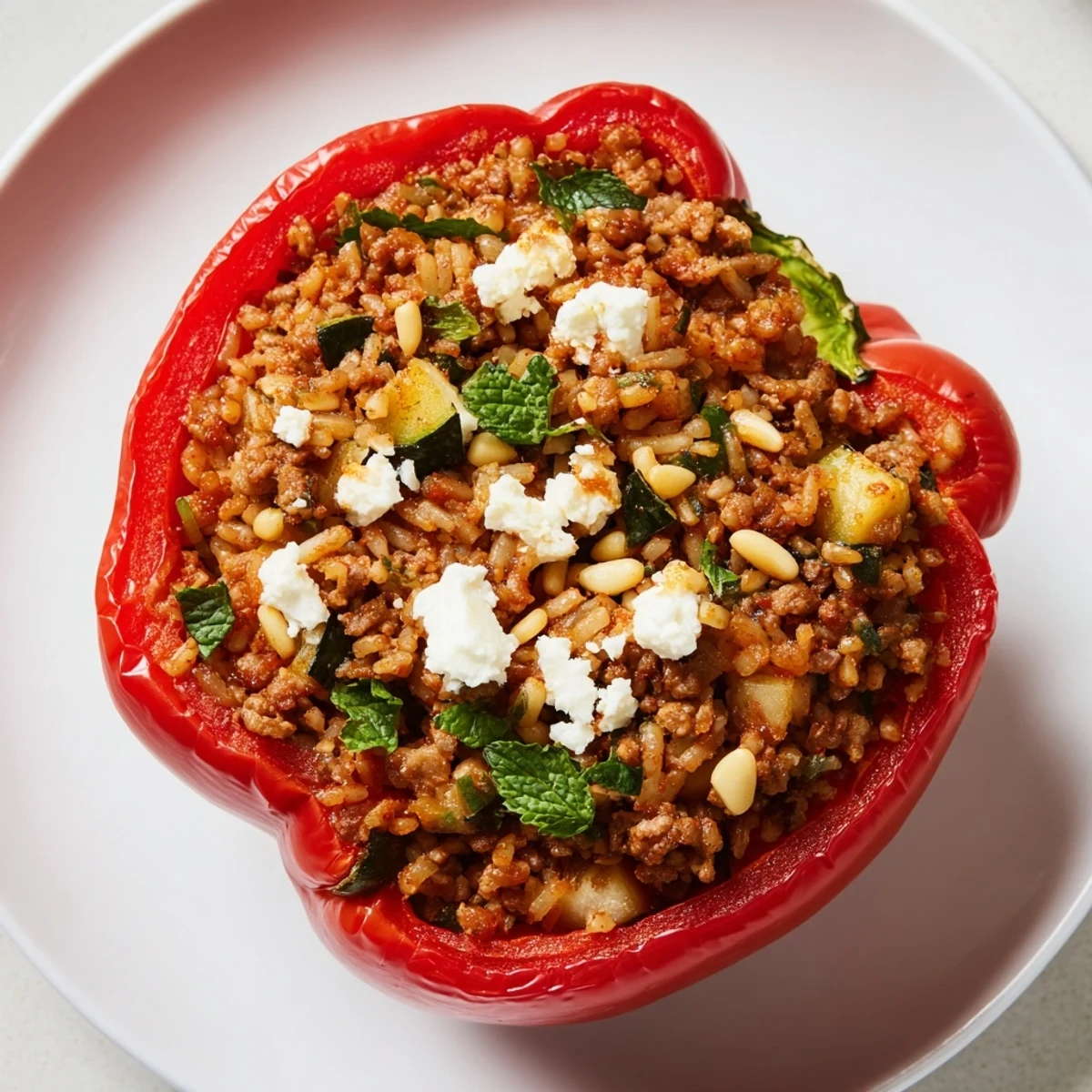 Warm Mediterranean Stuffed Bell Peppers with Ground Beef topped with melted feta and pine nuts on a rustic plate.