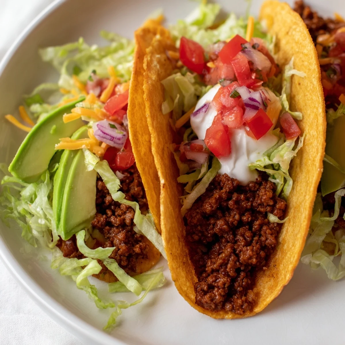 Homemade beef tacos topped with zesty salsa, sour cream, and avocado on warm tortillas.