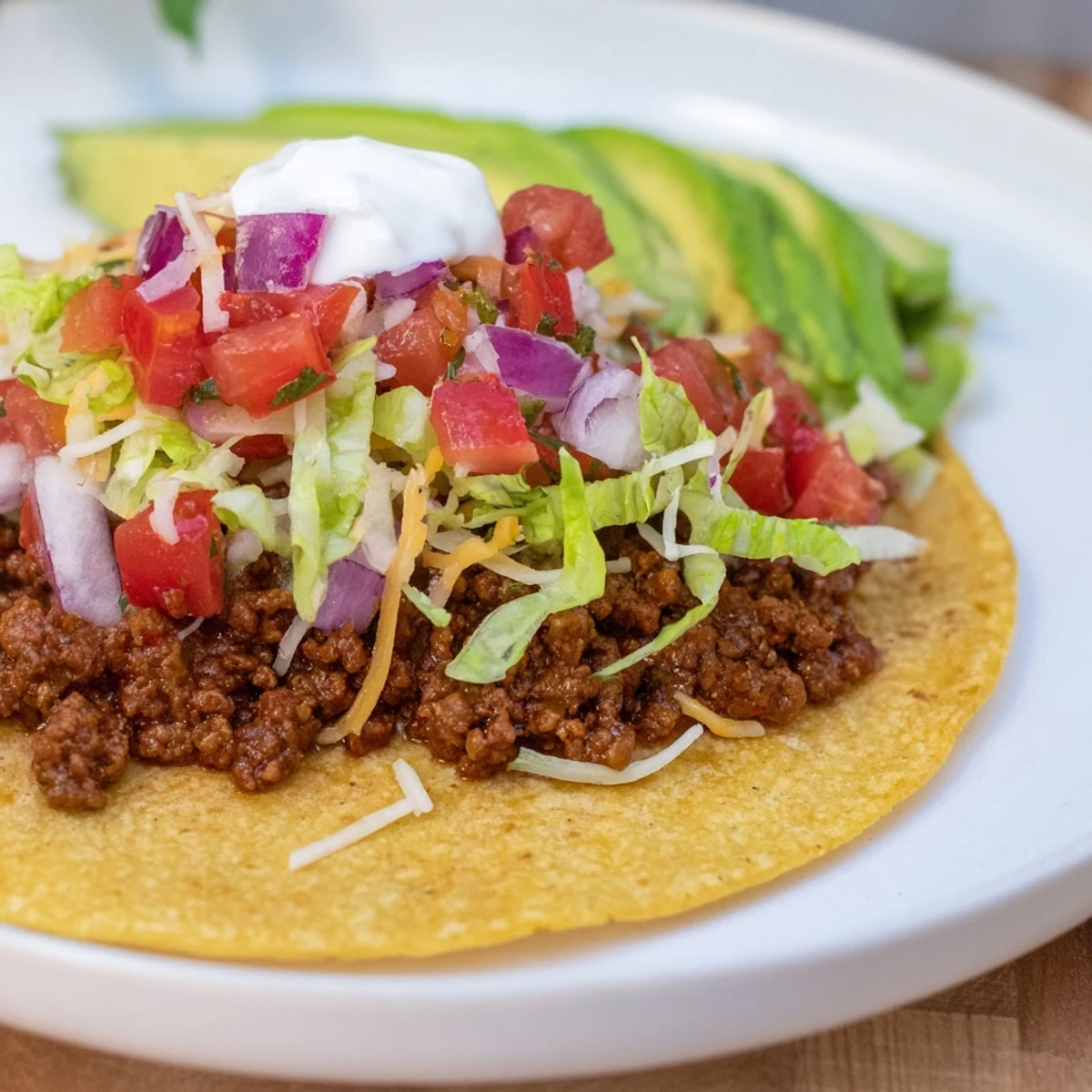 Warm beef tacos with homemade taco seasoning, loaded with fresh salsa, lettuce, cheese, and avocado slices.