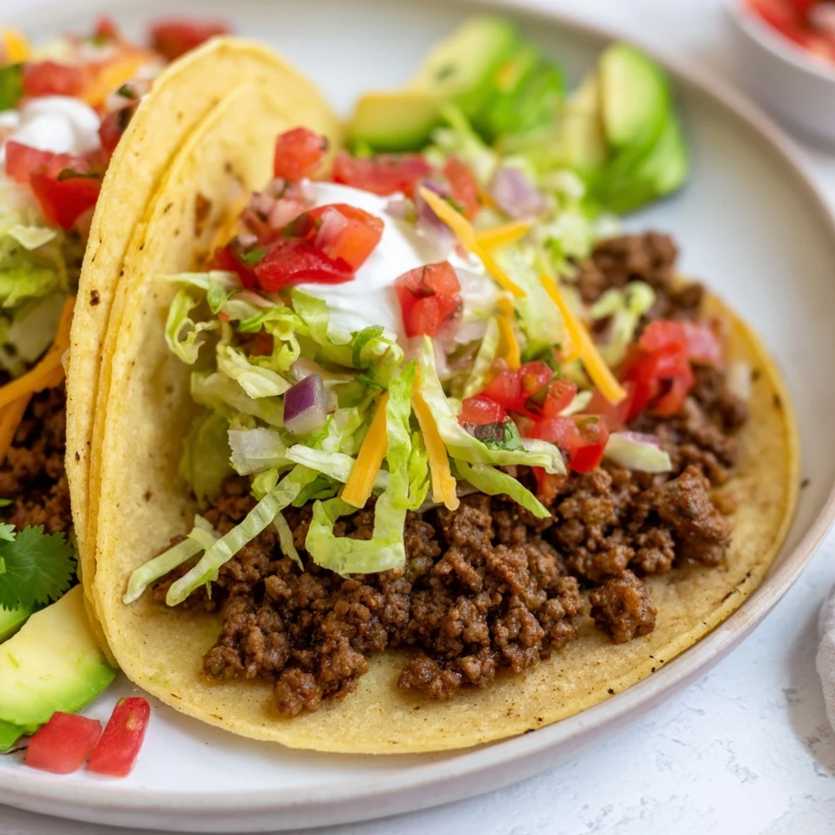 Golden ground beef and melted cheese fill soft tortillas, garnished with vibrant salsa and cilantro.