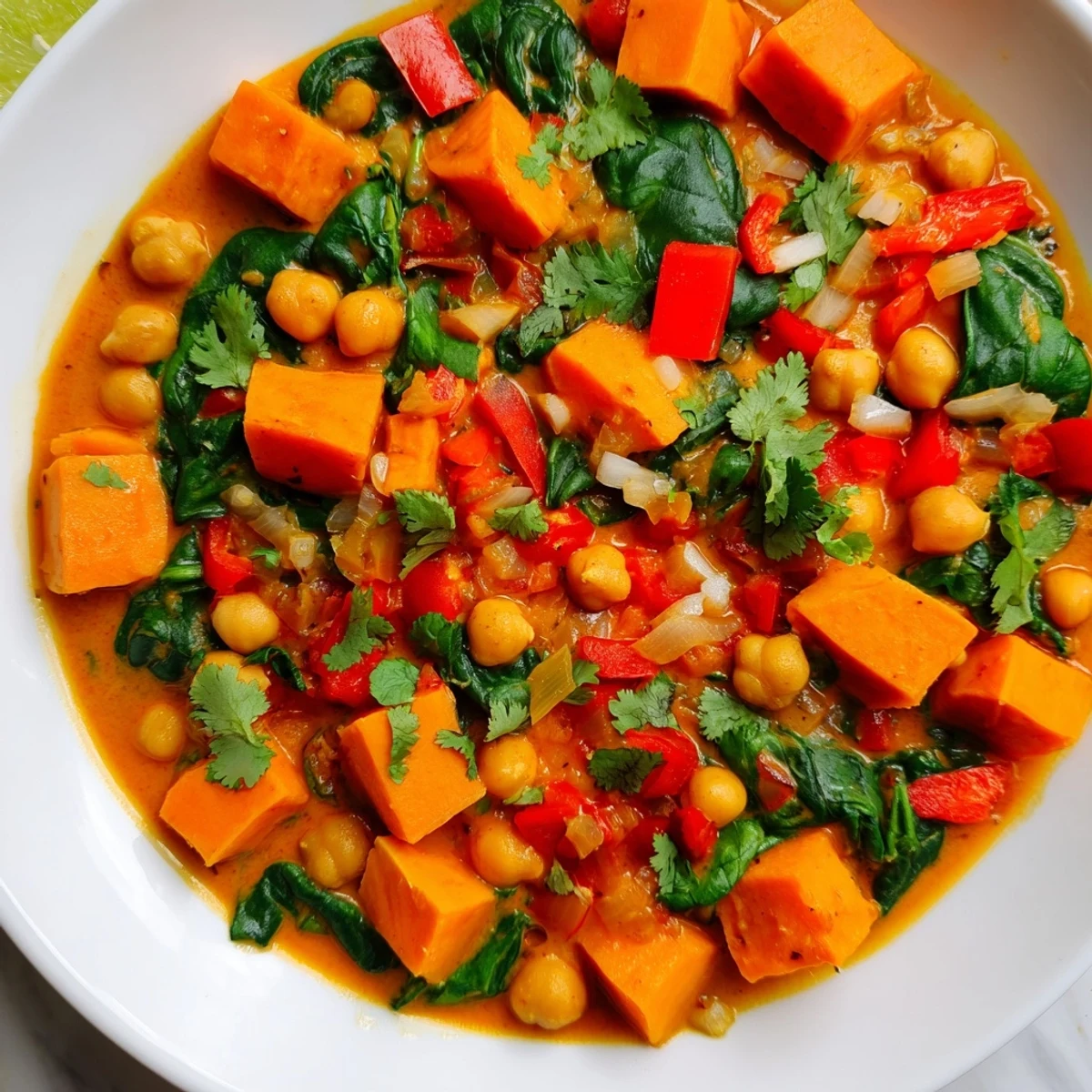 Vibrant Vegan Sweet Potato Curry with Spinach and Chickpeas steaming in a rustic bowl. 