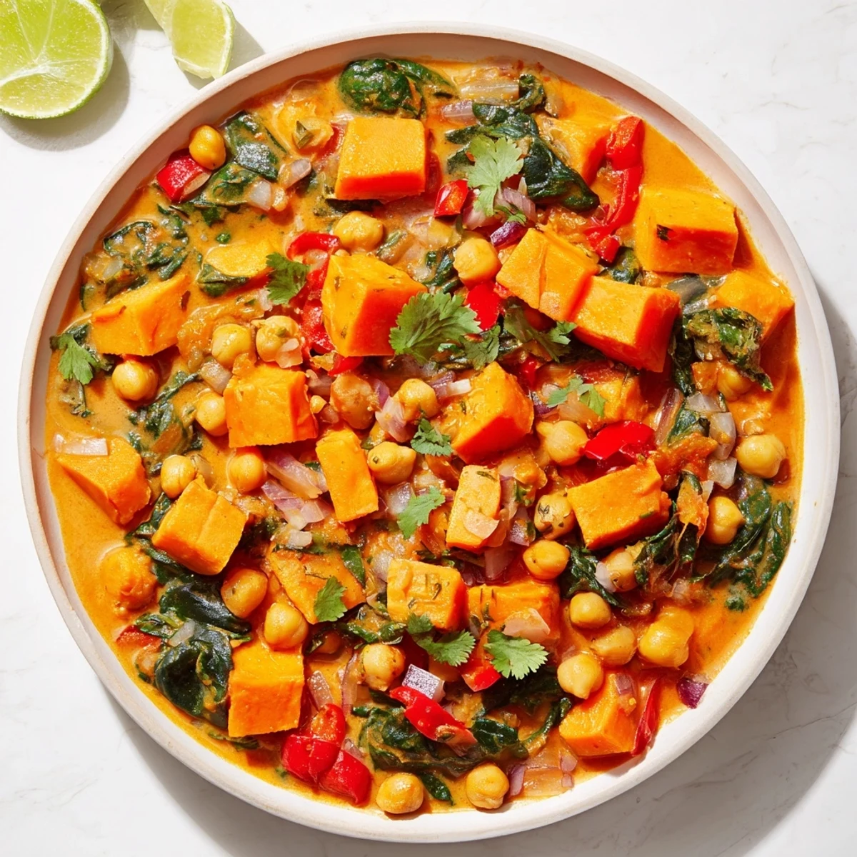 Spoon into Vegan Sweet Potato Curry with Spinach and Chickpeas served over fluffy basmati rice.