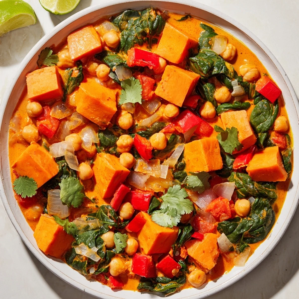 Fragrant coconut-tomato sauce coats sweet potatoes, chickpeas, and wilted spinach for a hearty dinner. 