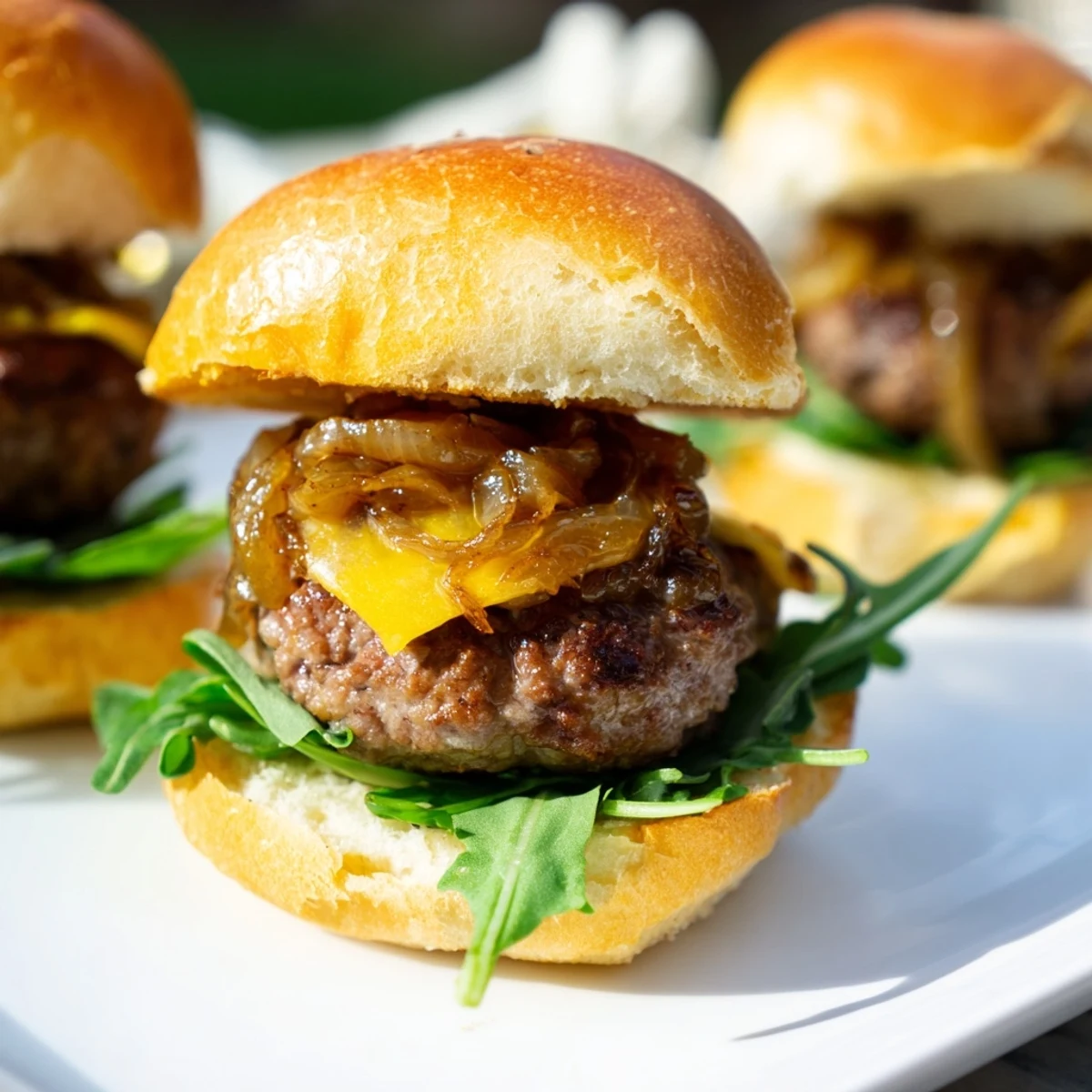 Sizzling Beef Sliders with Caramelized Onions and Cheddar with gooey melted cheese and sweet browned onions on toasted buns.