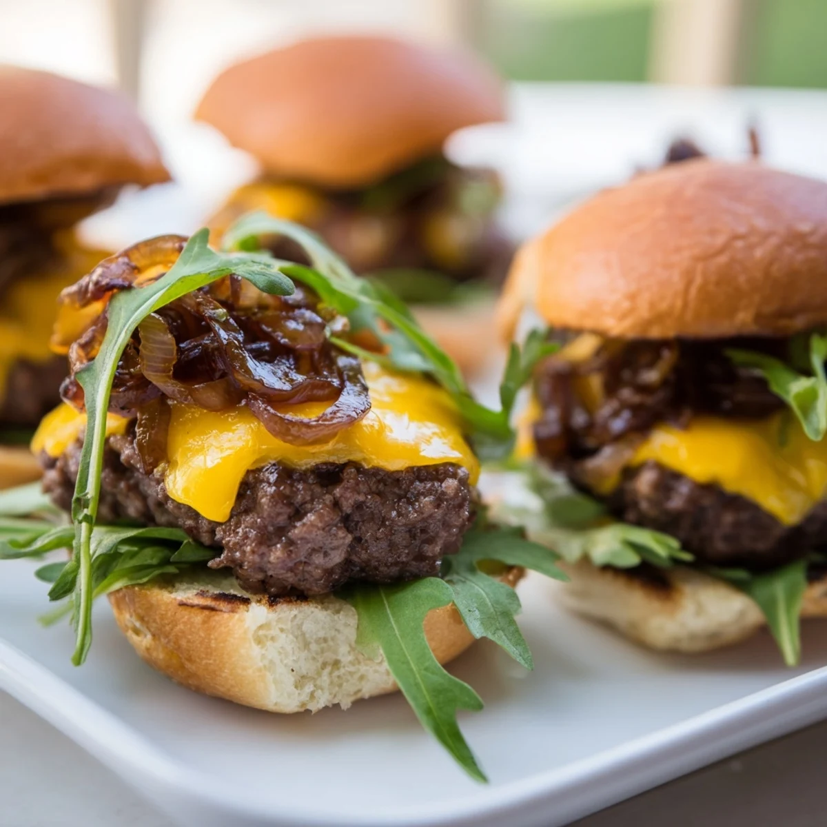 Juicy mini Beef Sliders with Caramelized Onions and Cheddar stacked high, ready for game day with crisp arugula garnish.