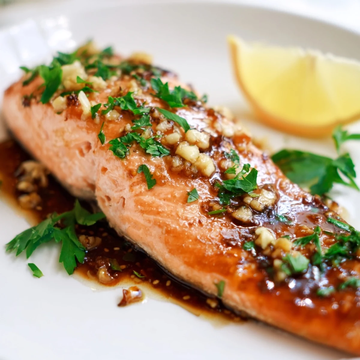 Golden-brown Baked Salmon with Honey Garlic Soy Glaze fresh from the oven, brushed with sticky sauce and garnished with parsley.