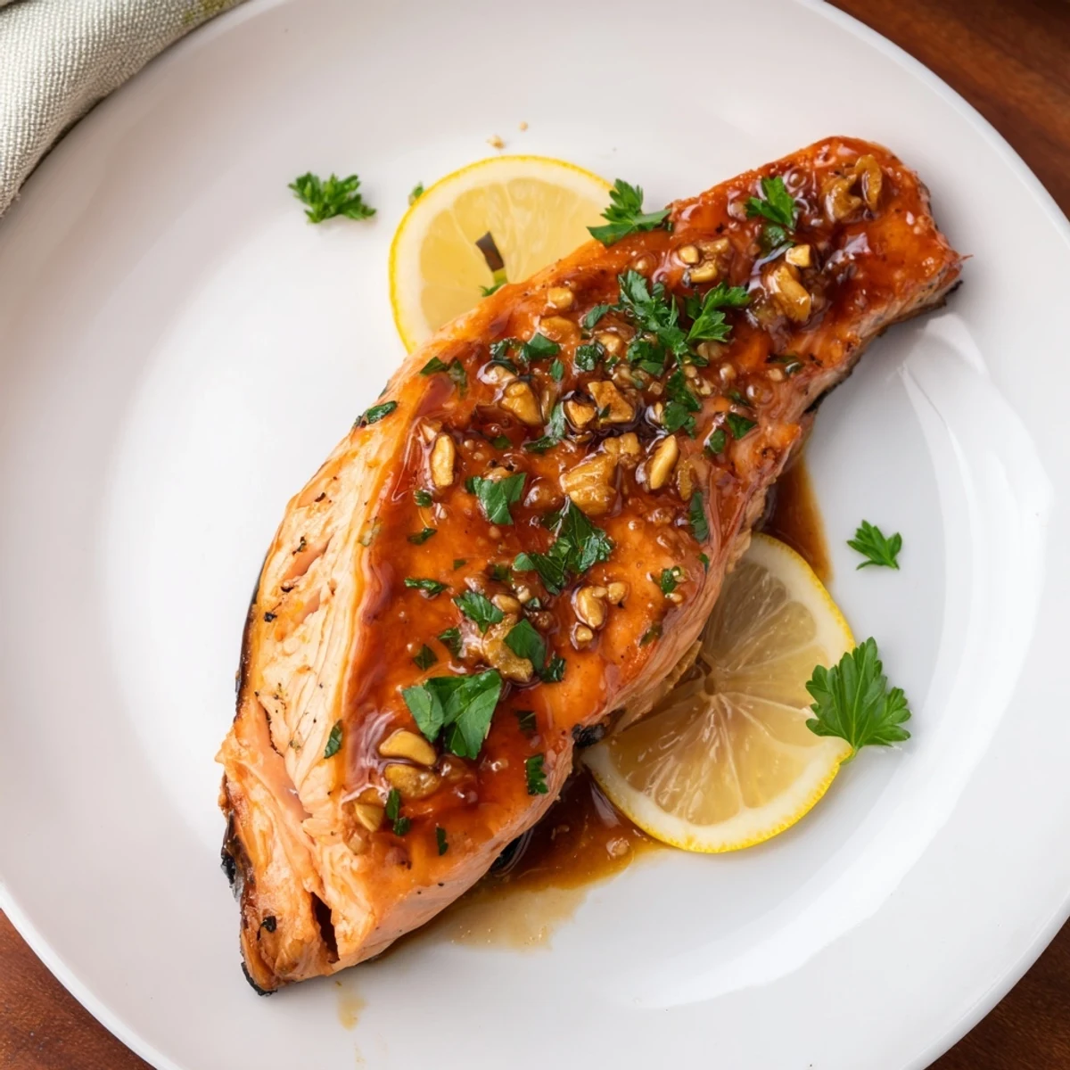Tender flaky Baked Salmon with Honey Garlic Soy Glaze served with lemon wedges, ready for a quick weeknight dinner.