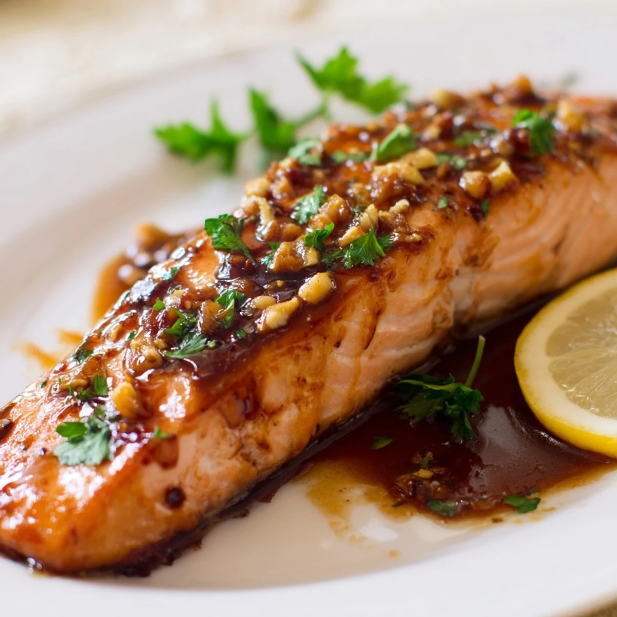 Freshly glazed Baked Salmon with Honey Garlic Soy Glaze on a baking sheet, highlighting rich caramelization and herbs.