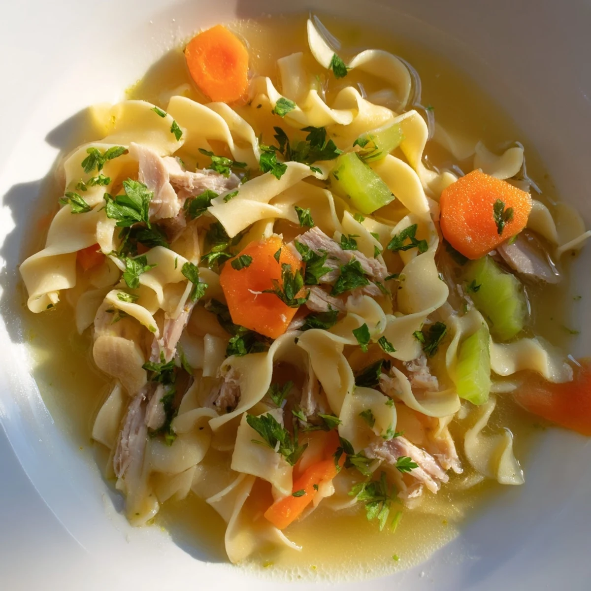 Homemade Chicken Noodle Soup with silky egg noodles, tender chicken, and vegetables steaming in a savory broth.