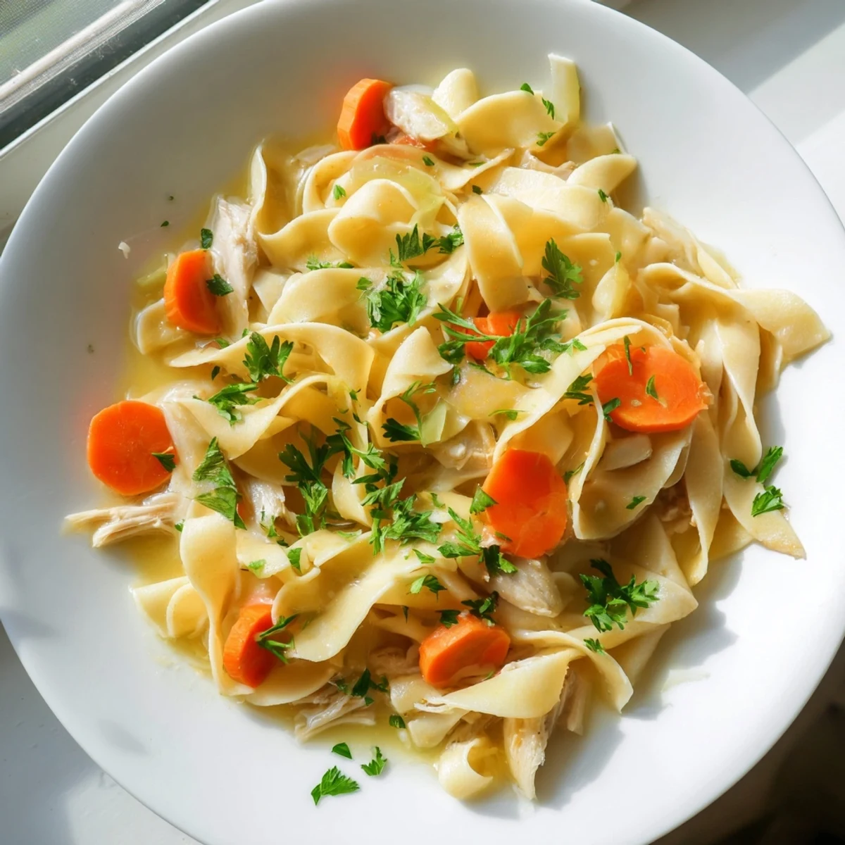 A close-up of freshly cut homemade egg noodles for Chicken Noodle Soup, lightly floured on a wooden board.