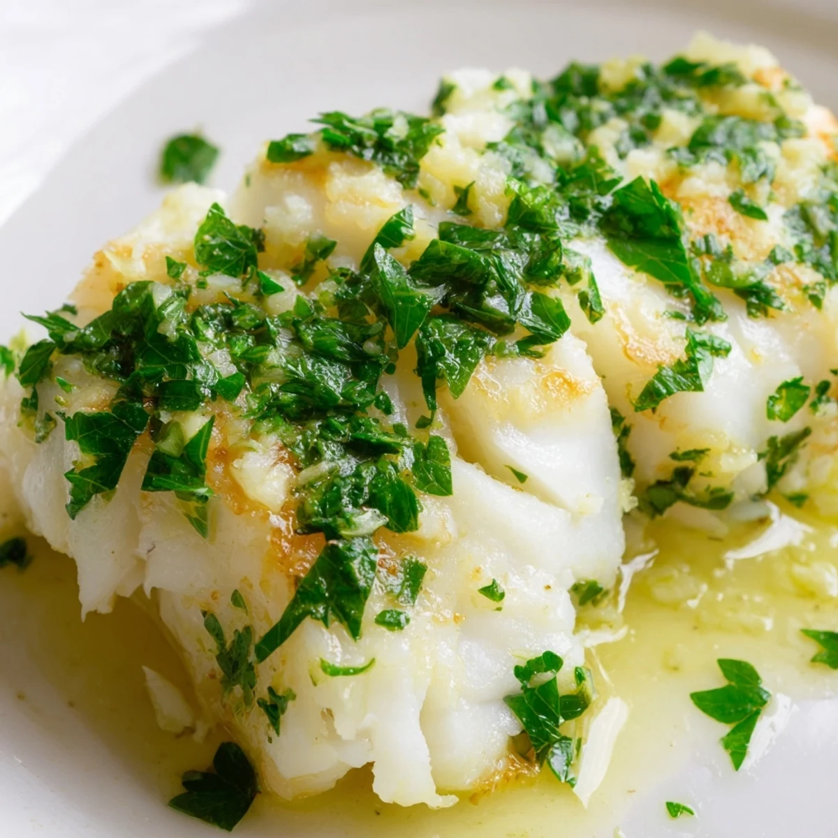 Flaky baked cod fillets glistening in garlic butter, topped with fresh parsley and lemon wedges.