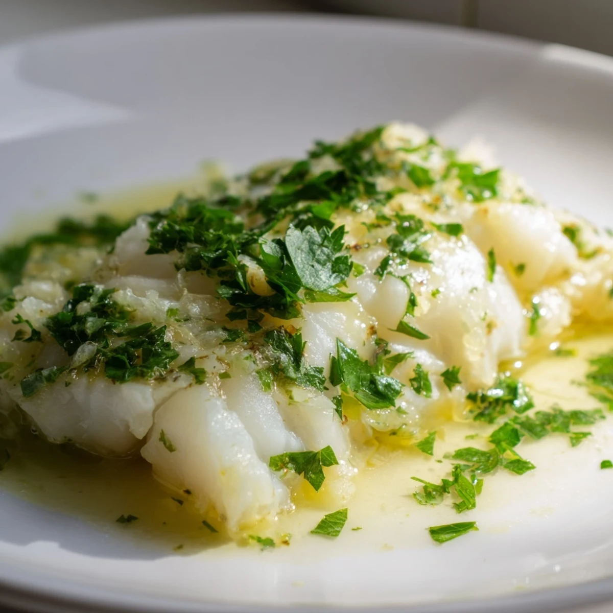 Tender cod fillets sizzling in garlic butter, garnished with parsley and lemon for a Mediterranean dinner.