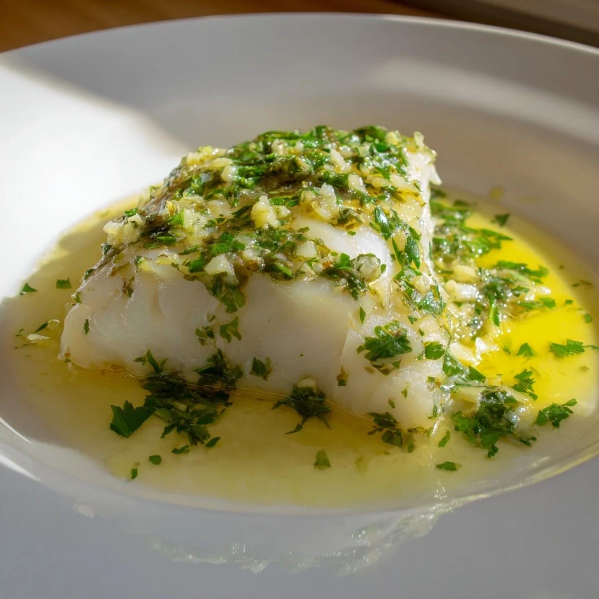 Golden baked cod with garlic butter and fresh parsley, served alongside steamed vegetables and rice.