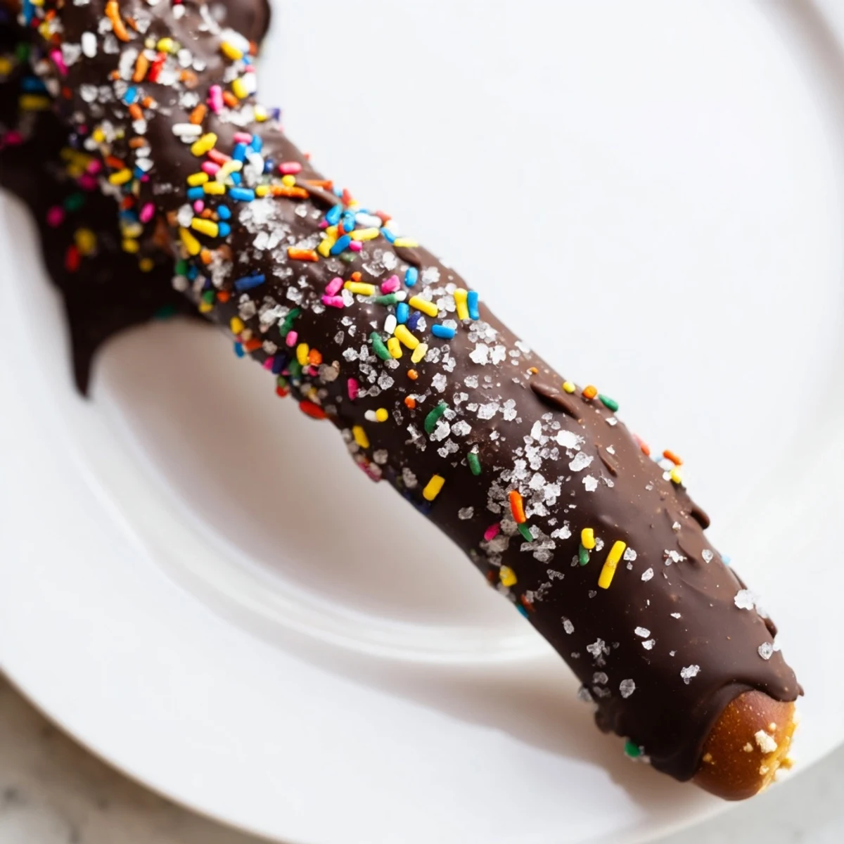 Golden Chocolate Dipped Pretzels with Sea Salt and Sprinkles rest on parchment, a sweet-and-salty snack ready for parties.