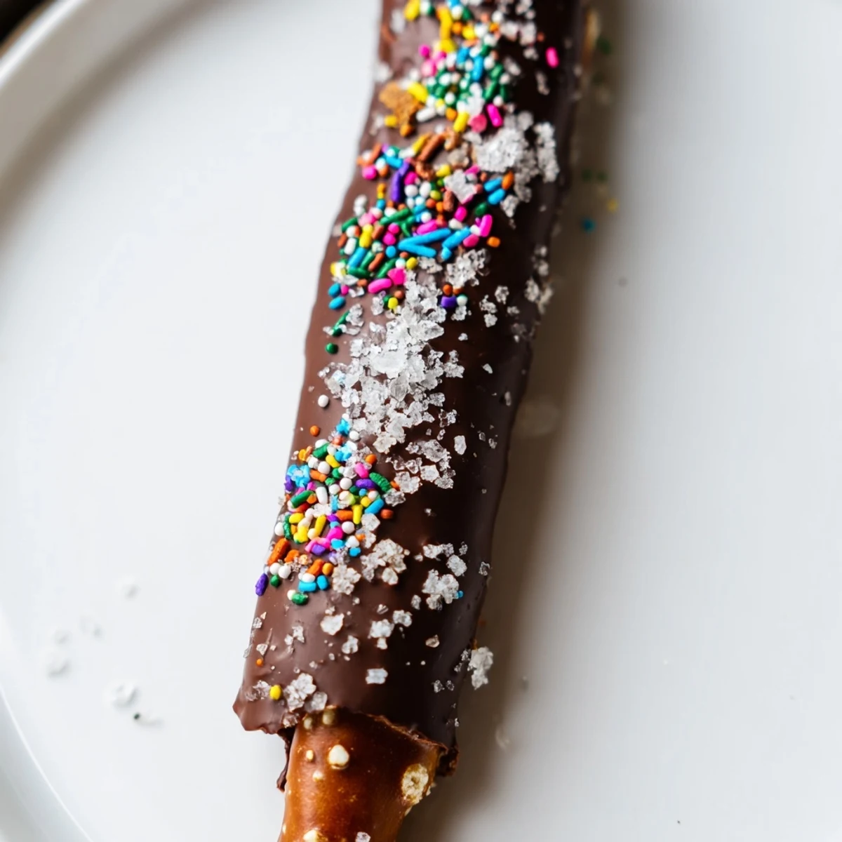 Two Chocolate Dipped Pretzels with Sea Salt and Sprinkles show crunchy rods coated in smooth chocolate with colorful toppings.