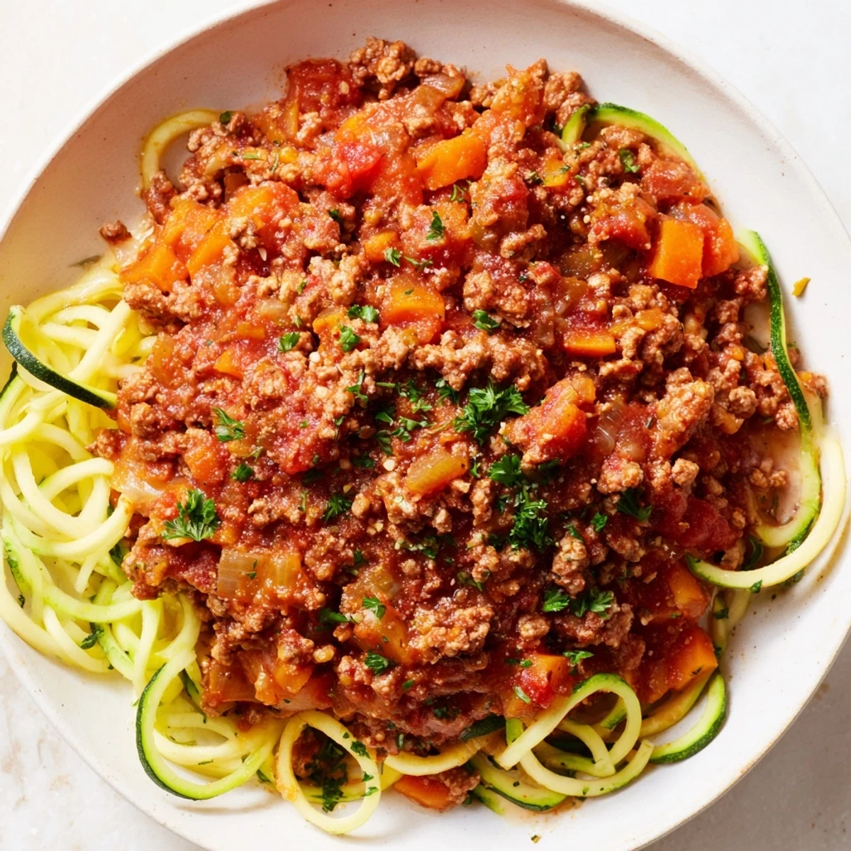 Savory turkey Bolognese sauce served over fresh spiralized zucchini noodles, garnished with parsley.