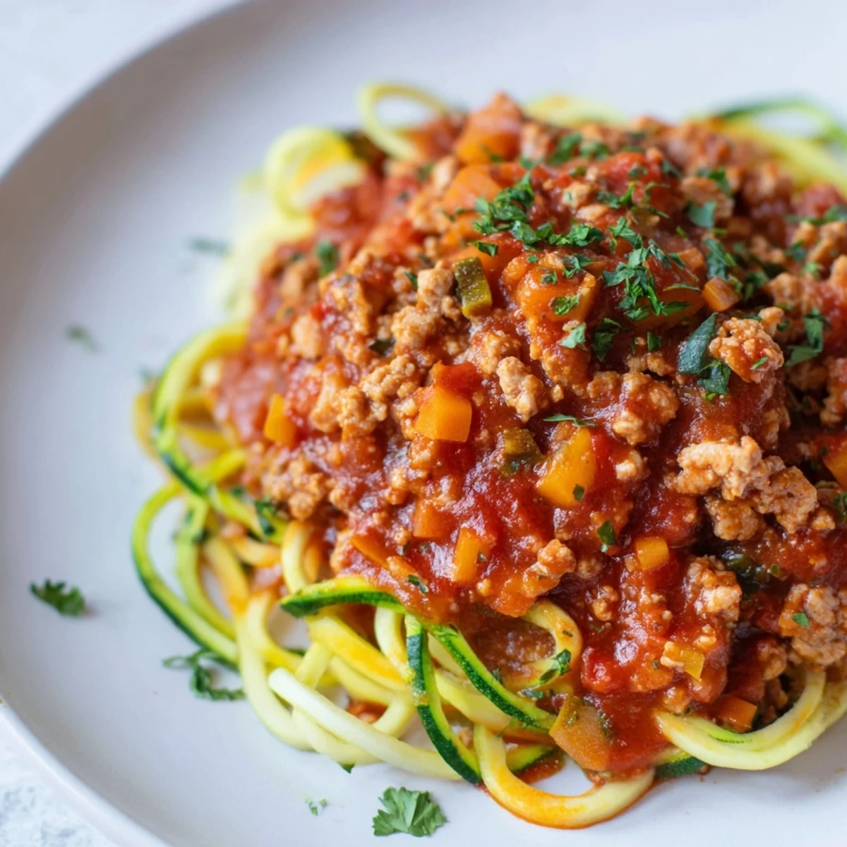 Lean ground turkey bolognese spooned over tender spiralized zucchini noodles for a low-carb meal.