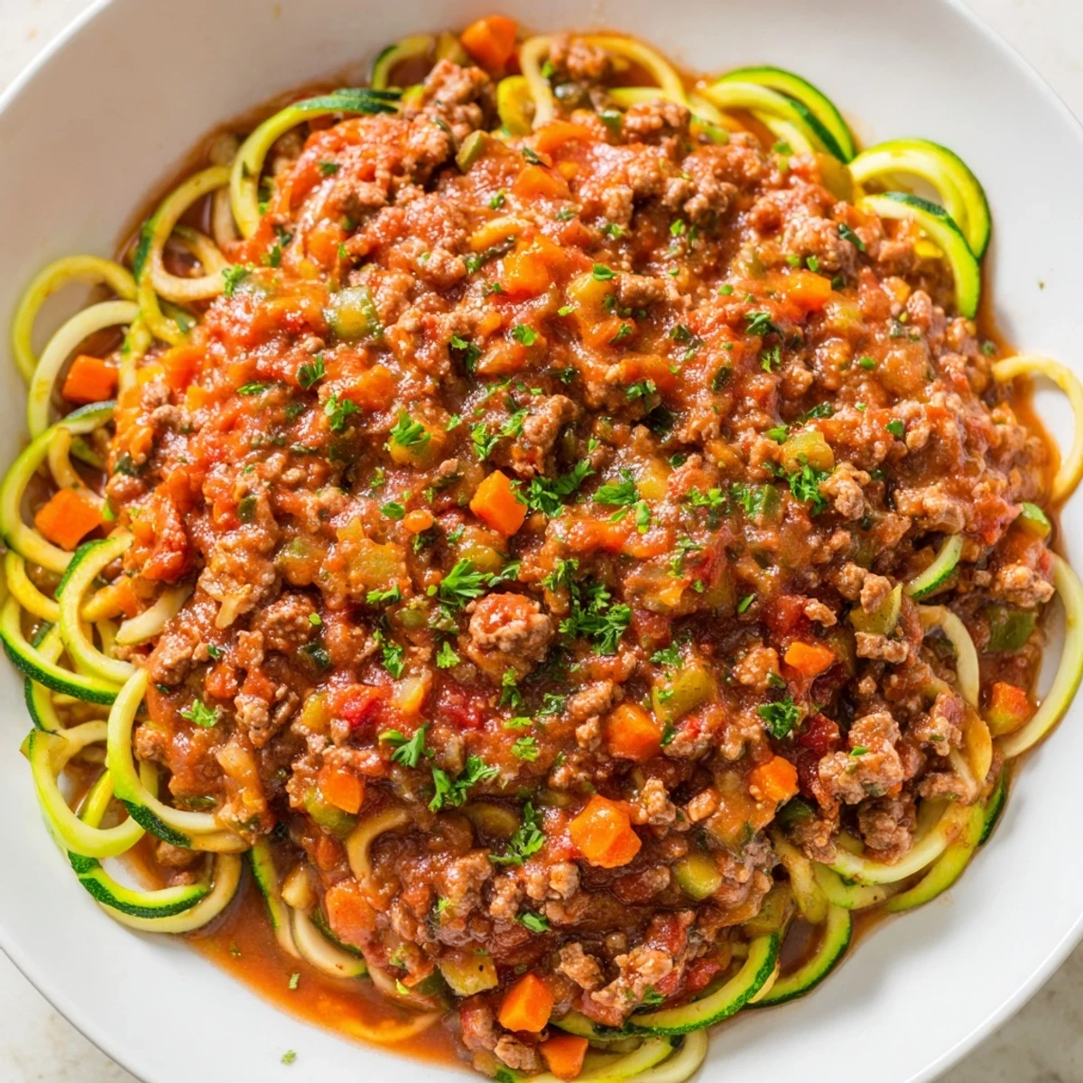 Hearty turkey Bolognese sauce topping sautéed zucchini noodles, finished with bright green parsley garnish.