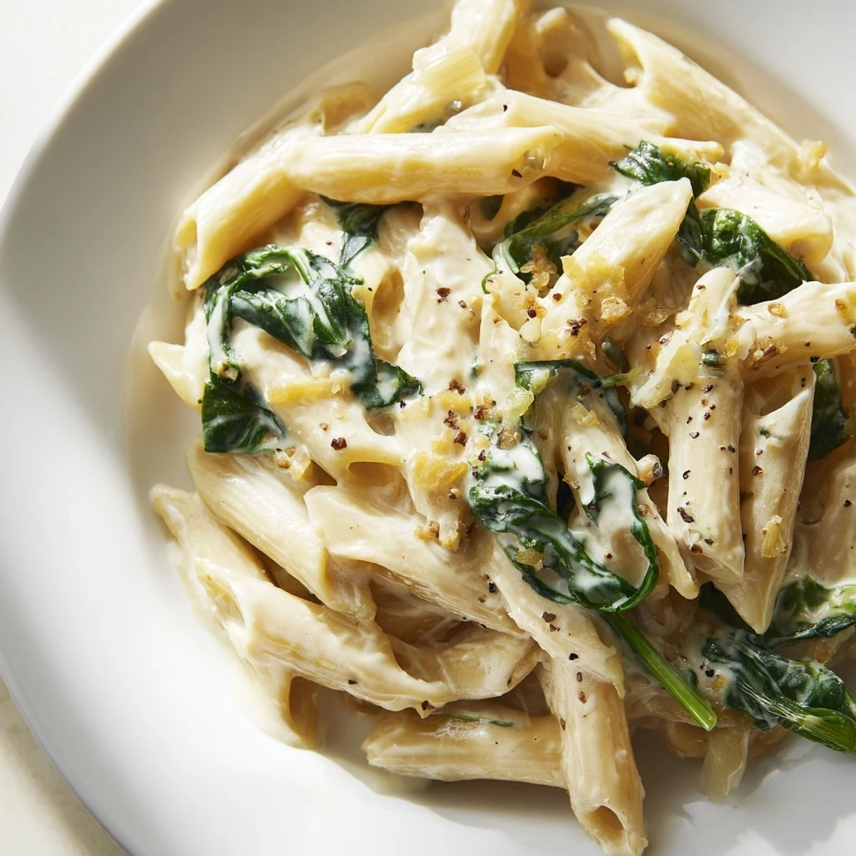 Creamy Spinach Pasta with tender spinach leaves and al dente penne coated in a velvety garlic cream sauce.