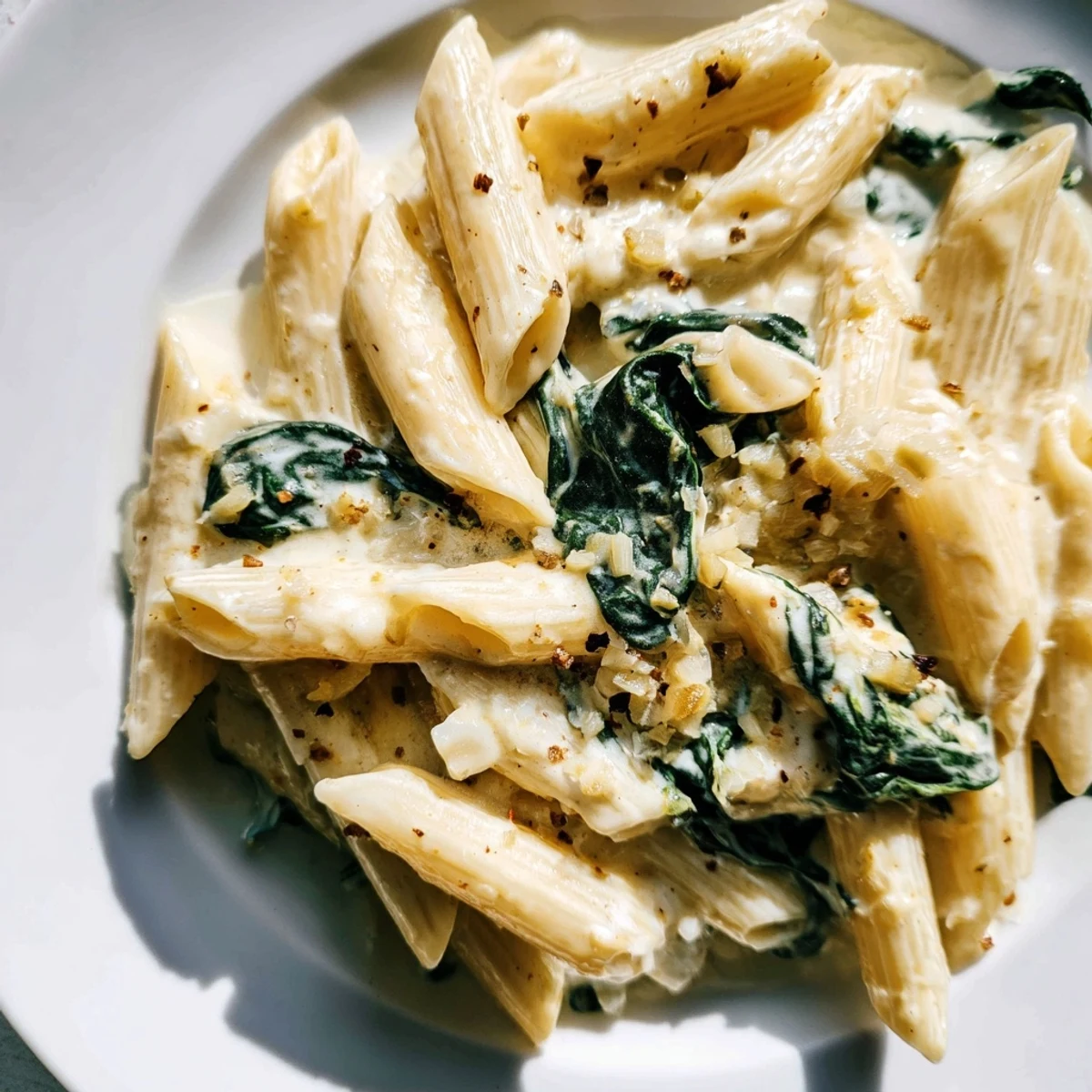 A warm skillet of Creamy Spinach Pasta garnished with freshly grated Parmesan and cracked black pepper.